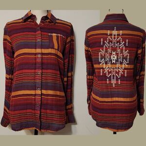 Rock And Roll Cowgirl Aztec Striped Embroidered High Low Long Sleeve Top